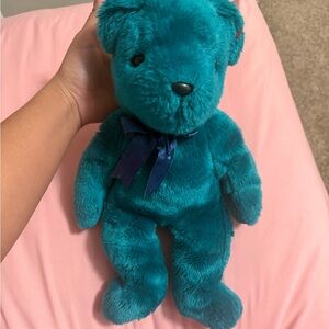 Ty Teal Plush Bear with Dark Blue Bow